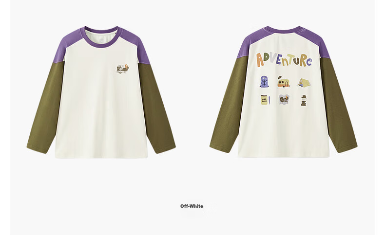 MQD Boys' Spring and Autumn Outdoor Camping Hiking Long Sleeve Colorblock Cartoon Skin-friendly T-Shirt Off-White 150 15