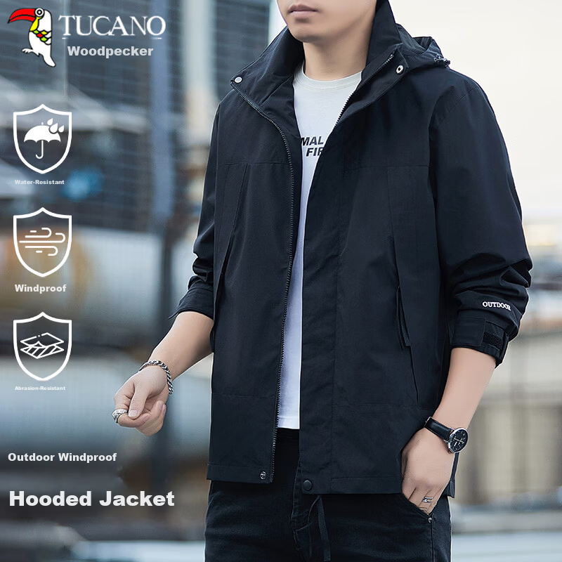TUCANO Men's Spring Autumn Windproof Waterproof Sports Mountaineering Hooded Jacket Black M