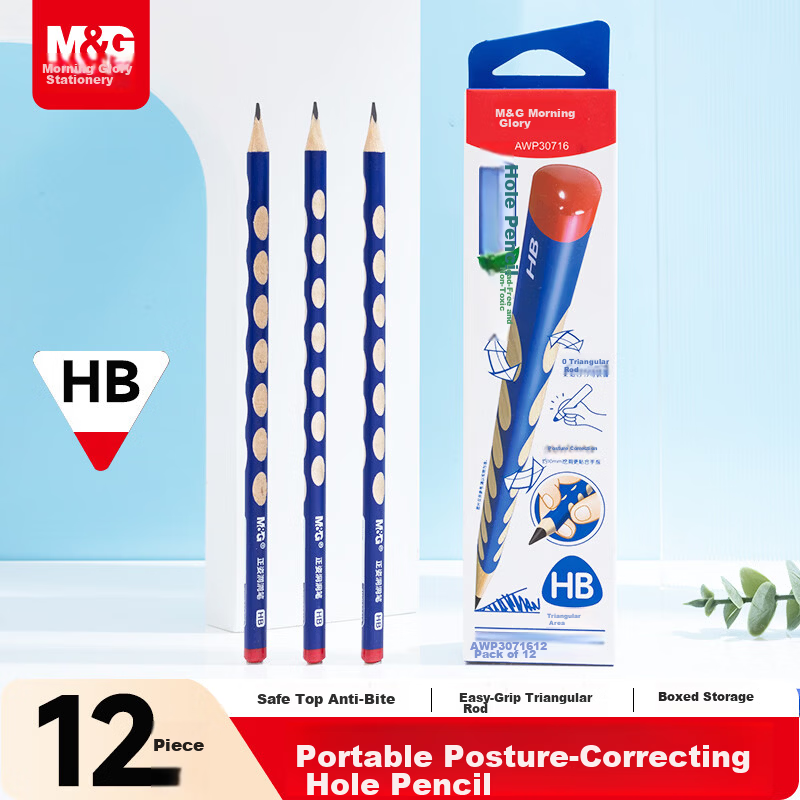 M&G 2B Hole Pencil 12-Pack Extra Thick Student Exam Writing Triangular Wood Pencil AWP30769