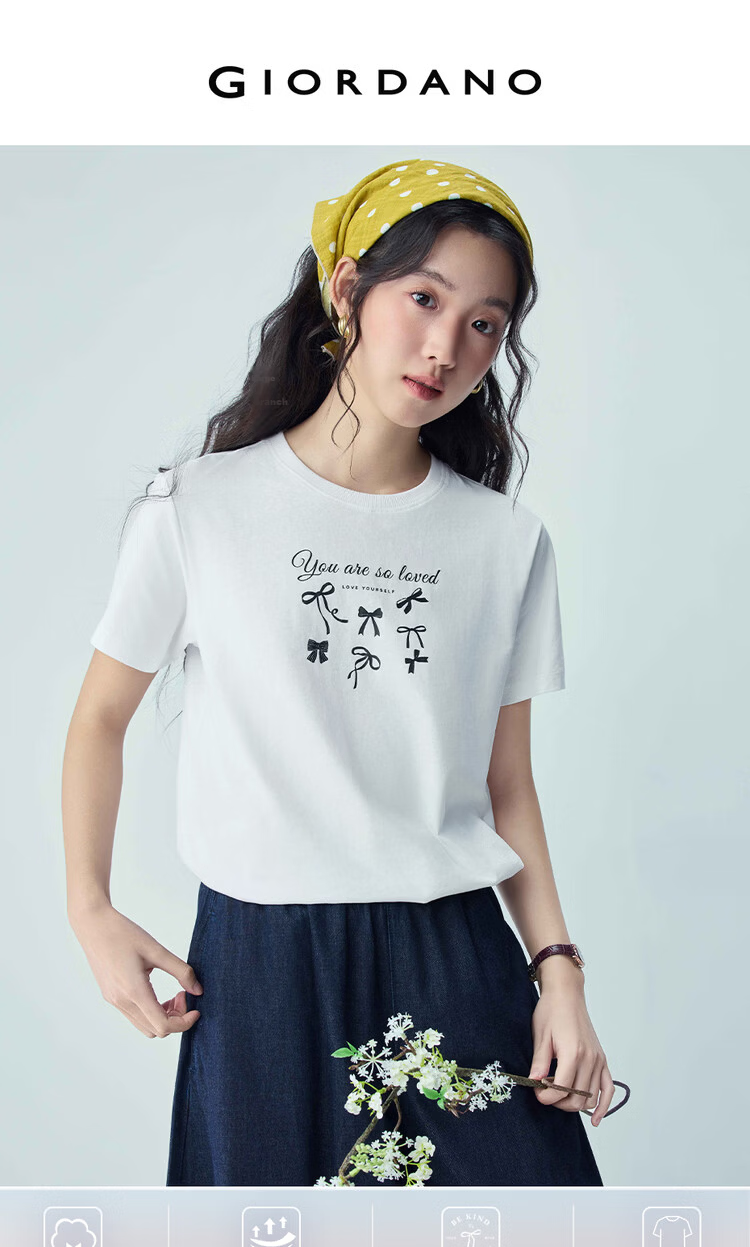 Giordano Women's Short Sleeve T-Shirt New Pure Cotton Sweet Bowknot Print Round Neck Top 13396303 3