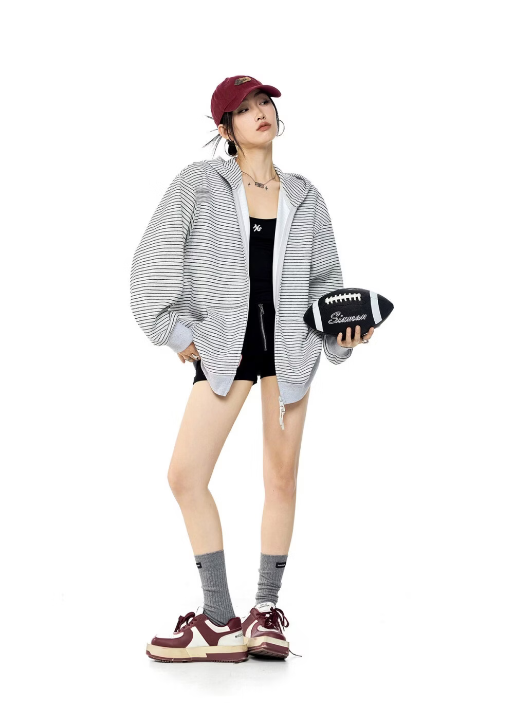 ICH MODE Celebrity Style Striped Hoodie Cardigan Sweatshirt for Women Spring Autumn New Sports Jacket Black M 15