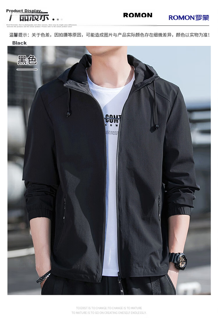 ROMON Men's Jacket Hooded 2026 Spring New Casual Men's Outerwear Black L 12