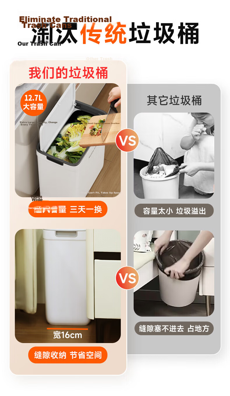 Jiabangshou 12.7L Medium Press-Lid Gap Trash Can for Bathroom Toilet Kitchen Bedroom Living Room Household Trending Bin 2