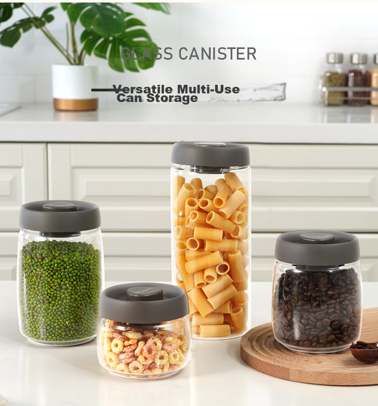 LOCK&LOCK Push-Air Glass Sealed Jar for Grains, Tea Leaves, Kitchen Dry Goods Storage, Milk Powder Container, 400ML, Gray 10