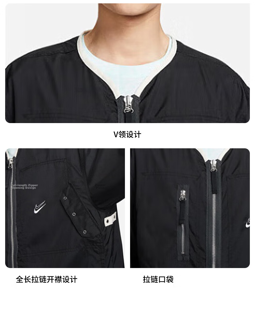 NIKE Men's Spring Summer V-Neck Jacket Casual Sports Trendy Versatile DX0336-010 Black L 7