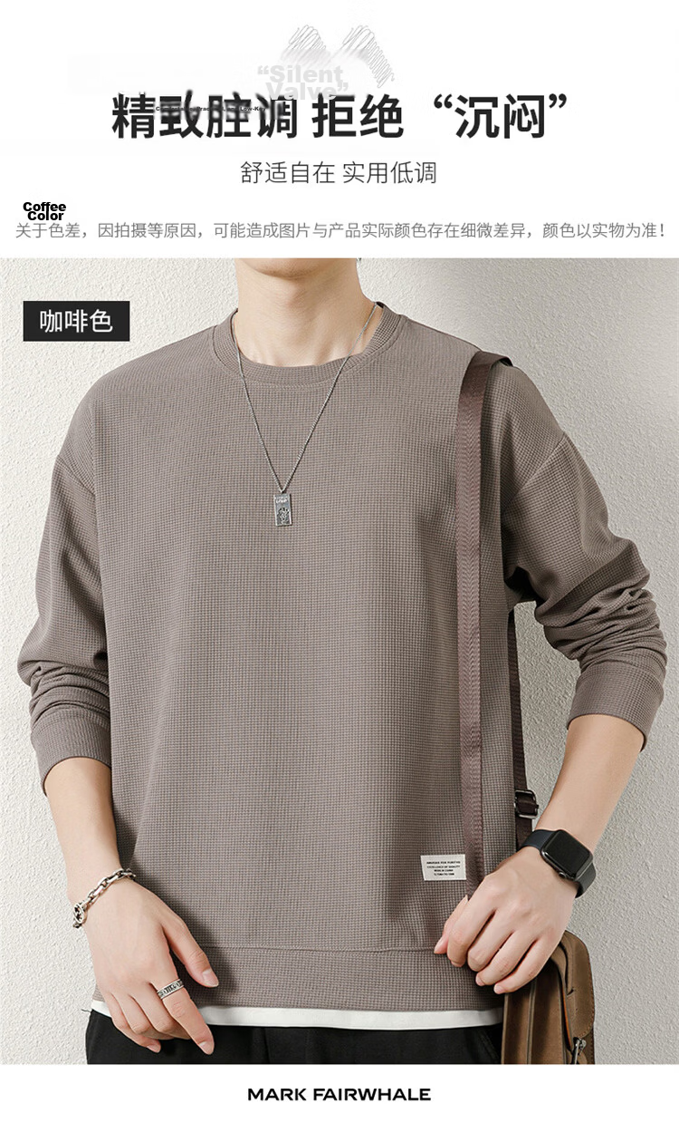 MARK FAIRWHALE Men's Spring and Autumn Waffle Knit Casual Crew Neck Long Sleeve T-Shirt White XL 11