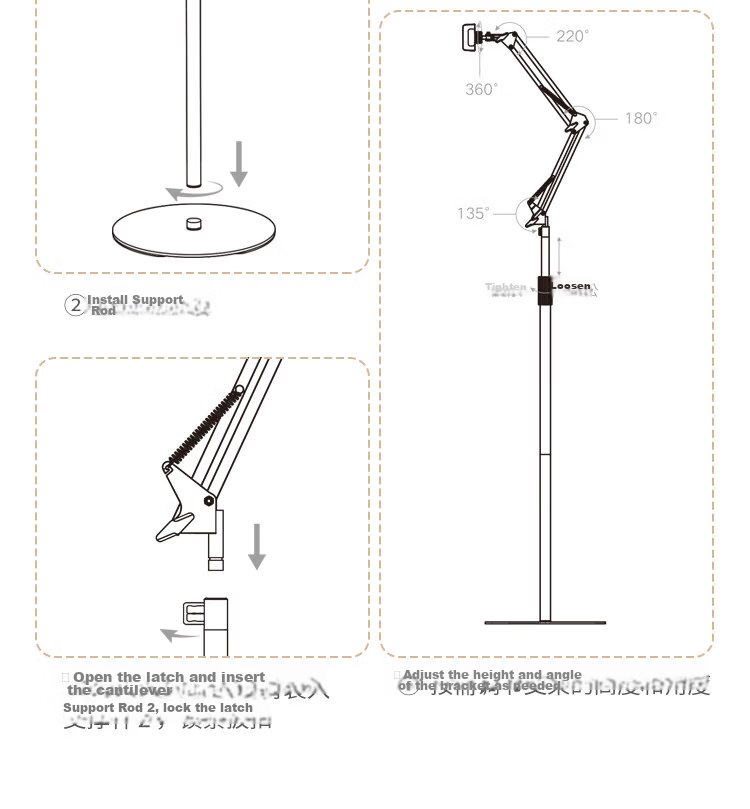 Ugreen Adjustable Tablet and Phone Stand Floor Lazy Arm Mount Telescopic Bedside Holder for iPad Live Streaming Watching Shows Online Classes 360° Rotation Shooting Support Universal 22