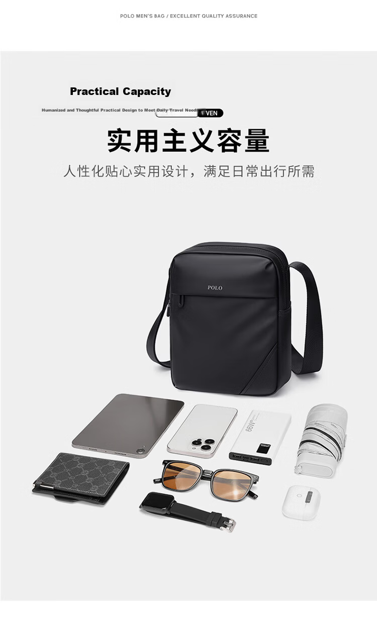 POLO Shoulder Bag for Men, Durable Crossbody Bag, Lightweight IPad Bag, Vertical Phone Bag, Sports Messenger Bag, Commuter Shoulder Bag 9