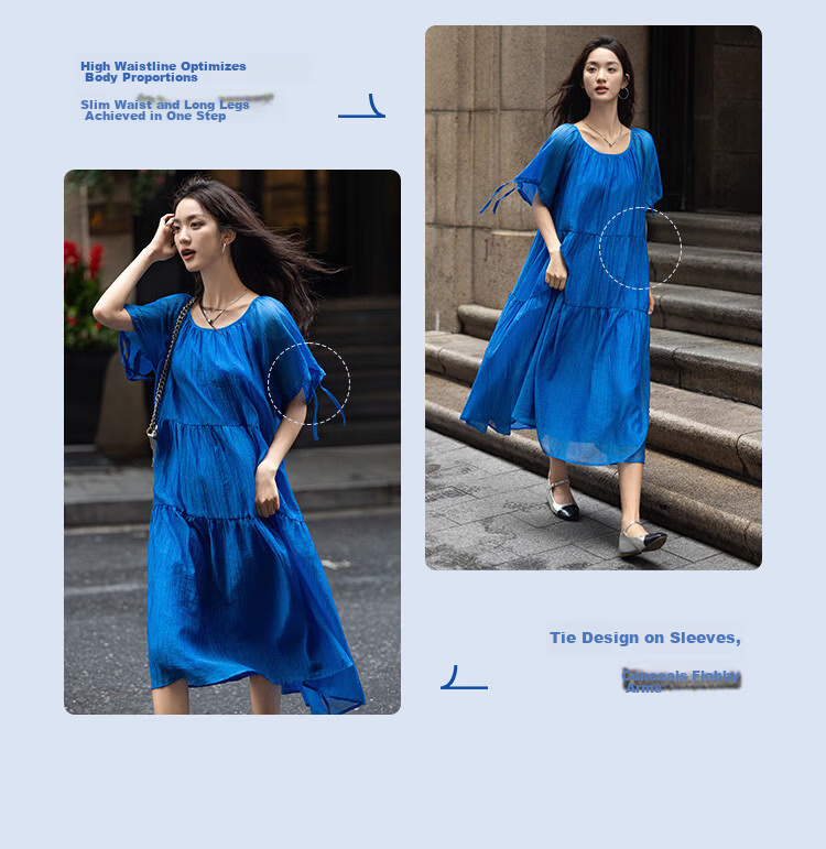 Dme Relaxed Fit Round Neck Long Dress Summer Vacation Fabric Textured Sleeve Cuff Drawstring Design Dress 5