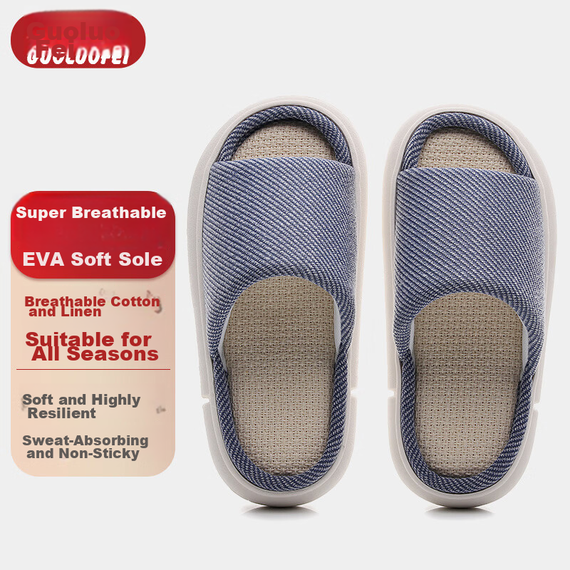 GUOLUOFEI Linen Slippers Unisex Four Seasons Couple Indoor Non-slip Cotton Linen Floor Sandals Navy Blue 40/41
