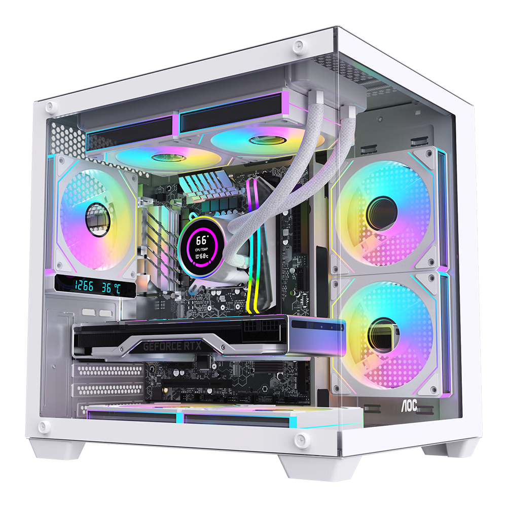 AOC Xinghai CG389 Black Gaming PC Case Seaview Room Three-Sided Glass No Pillar Supports MATX 5 Fan Slots 3D Panoramic Left-Right Compartments