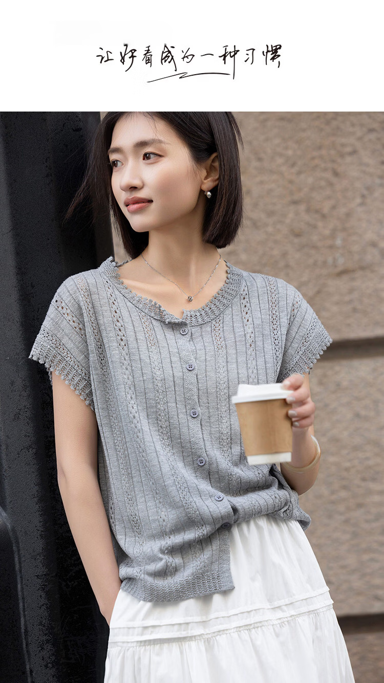 Demana [with Lyocell] Summer Glossy Lace Collar Hollow Textured Jacquard Raglan Slim Knit Top for Women Premium 1