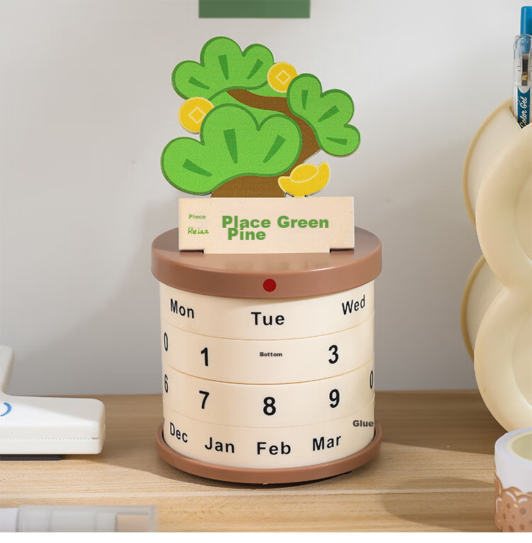 Touch Fish Potted Perpetual Calendar Rotatable Adjustable Creative Calendar Relaxing Anxiety-Free Office Desk Calendar Desktop Ornament DIY Birthday Gift with Pine Decoration 13