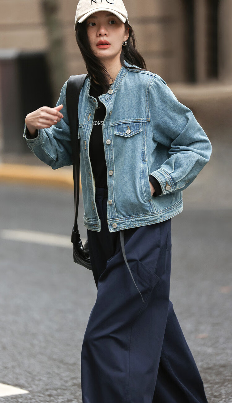 Dme Small Round Neck Denim Jacket Spring Straight Shoulder Sleeve Slim Fit Short Denim Jacket 2
