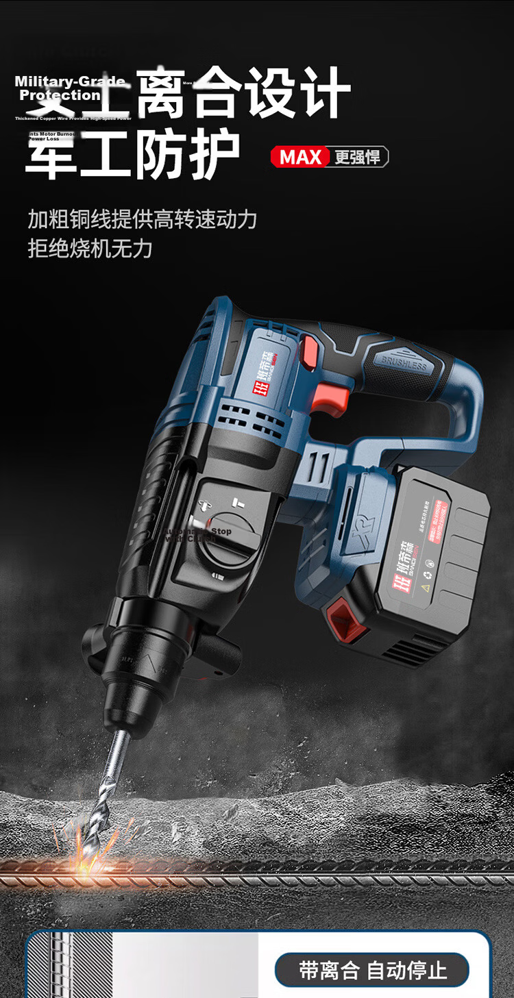 Bandisen 21V High-Power Household Lithium Battery Multifunctional Brushless Electric Hammer Drill, Electric Pick, Three-in-One Impact Drill Power Tool with 2 Batteries 9
