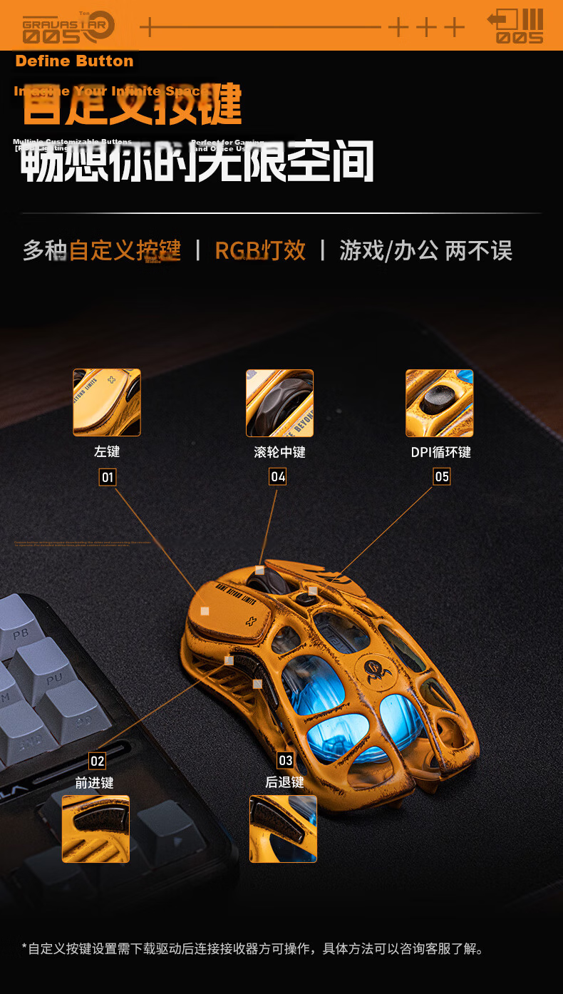 GravaStar Wireless/wired Bluetooth Gaming Mouse, Tri-Mode E-Sports Mouse, Magnesium Alloy 29-Hole Lightweight Hollow Design, 3395 Long Battery Life, Macro Buttons, RGB, Professional Silver 13