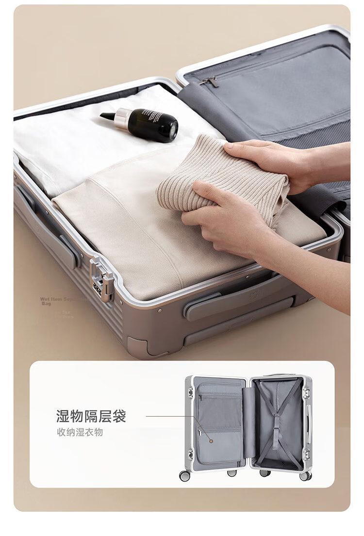 Mijia Xiaomi Luggage, 26-Inch Aluminum Frame Suitcase, Large Capacity Travel Case, Unisex Spinner Wheels, Password Lock, Silver Color 14
