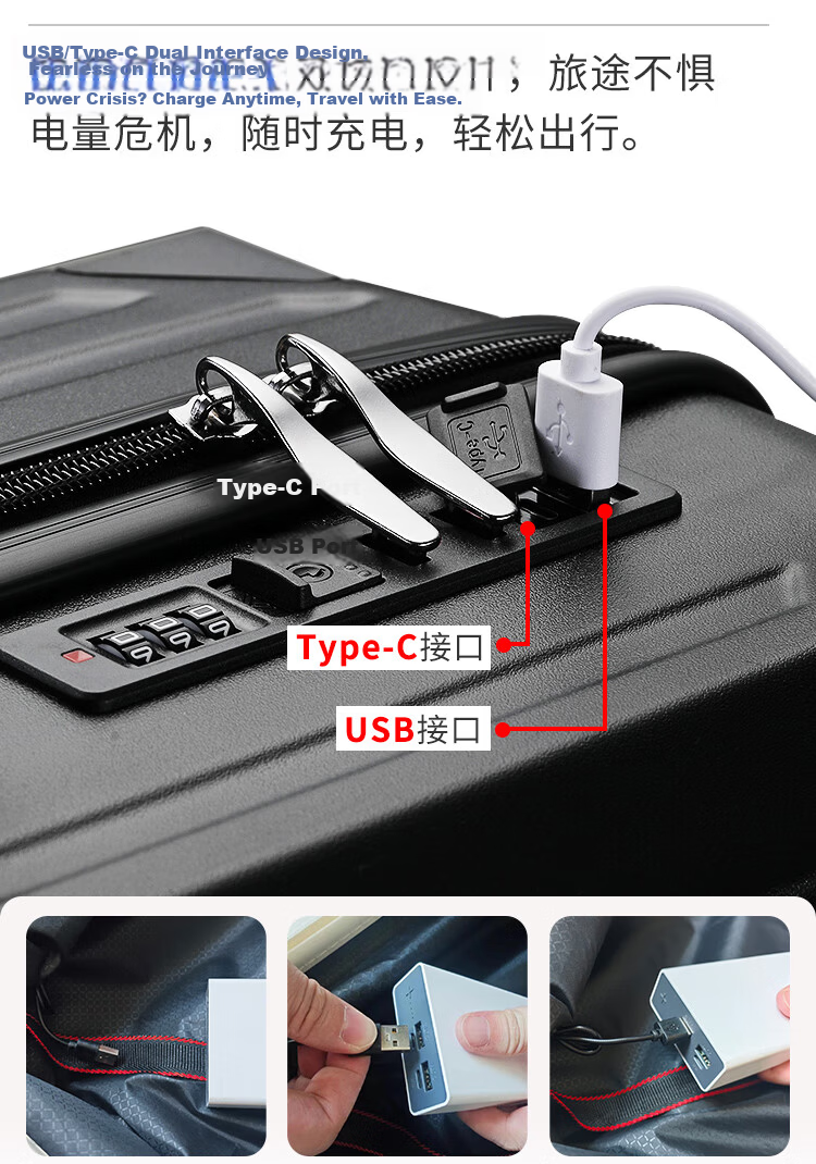 Vantiiear USB Charging Luggage with Cup Holder, Small Carry-On Suitcase for Men And Women, Travel Case with Password Lock, Black, 20 Inches 12