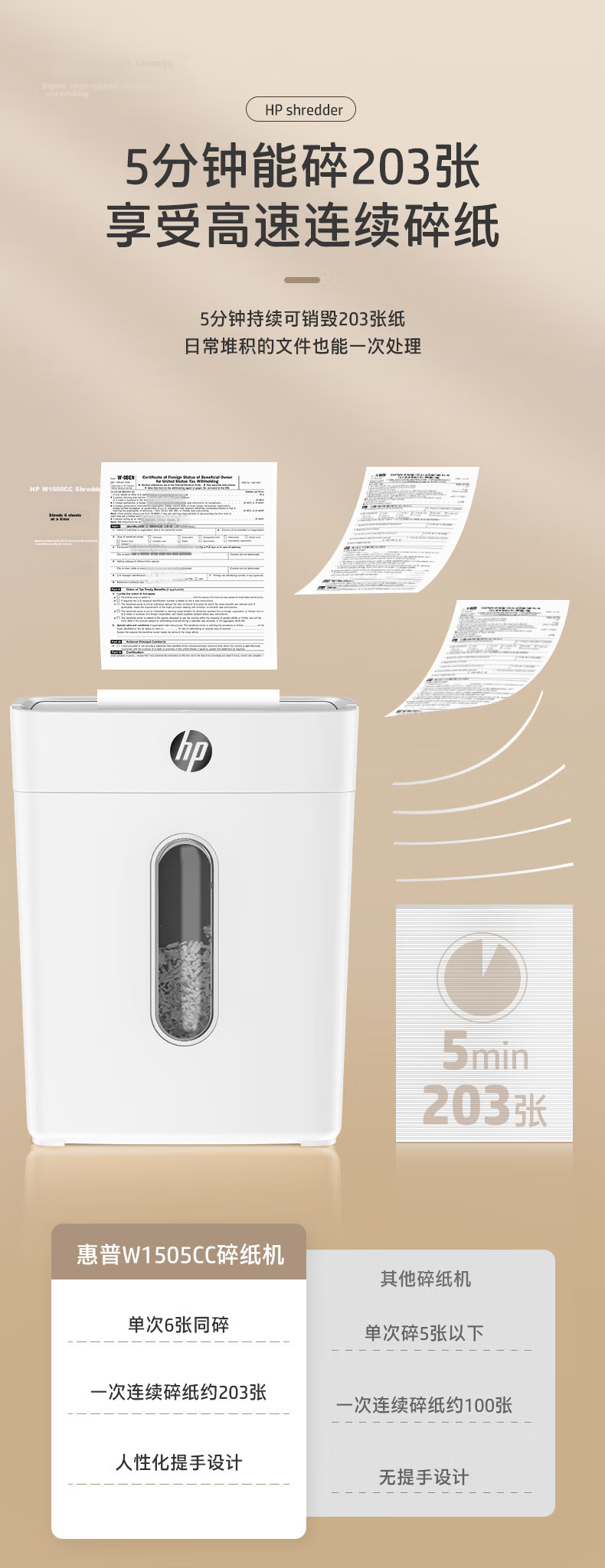 HP Level 4 Confidential Office Home Low Noise with Handle Stylish Paper Shredder Document Shredder 6 Sheets Per Pass 5 Minutes Continuous 15L Can Shred Cards/Thumbs B1505CC 6