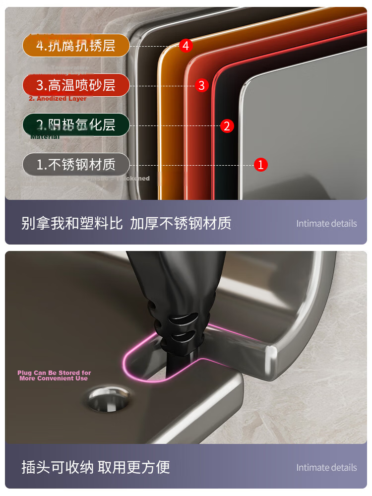 MUYA Hair Dryer Holder Wall-Mounted Stainless Steel No-Drill Bathroom Storage Rack 5