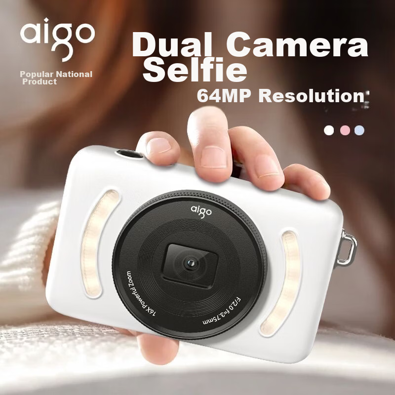 Aigo E3 Student Digital Camera for Girls Compact Campus HD Travel Birthday Gift CCD Dual Cameras Front and Rear Selfie 32GB White