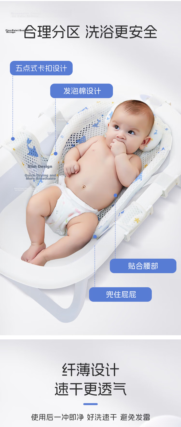 Dr. Ma Baby Bathing Aid Reclining Support Newborn Bath Mat Baby Bath Net with Universal Baby Bathtub Whale Design 7