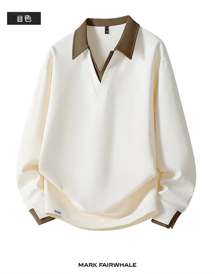 MARK FAIRWHALE Men's Sweatshirt Spring and Autumn Fake Two-Piece Loose Long Sleeve T-Shirt Polo Shirt Jacket Apricot 3XL 14