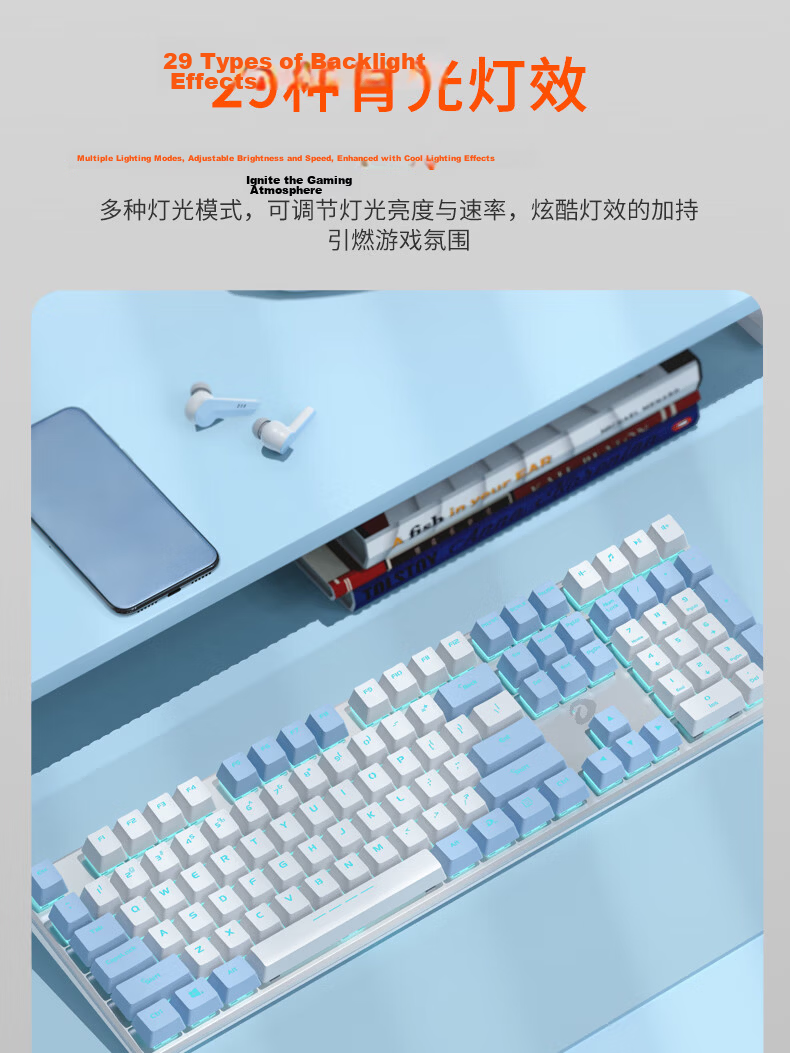 DAREU EK815 Mechanical Alloy Keyboard Wired Gaming Keyboard Multi-Key Anti-Ghosting 108 Keys Single Backlight for Girls White Blue Brown Switches 6