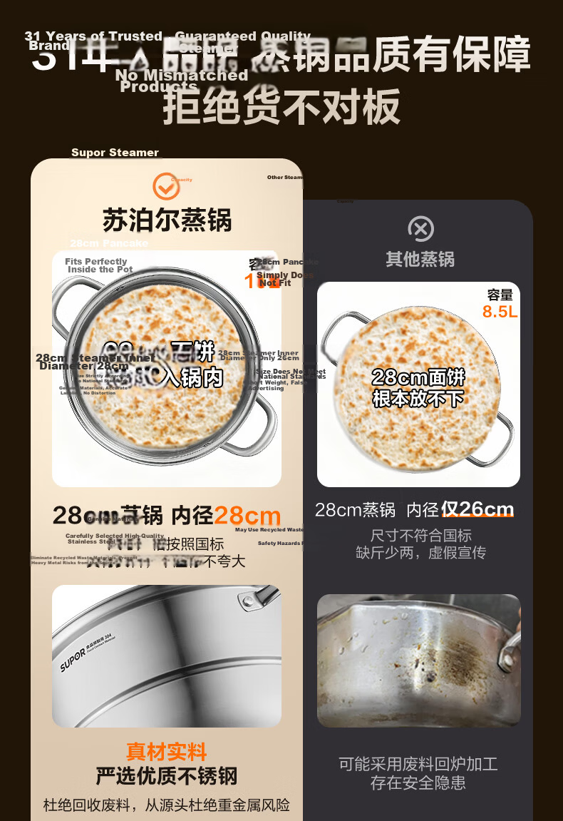 SUPOR Easy Storage 304 Stainless Steel Double-Layer Bottom 30cm Steamer Pot Soup Pot Steaming Basket for 3-4 People SZ30B1 3