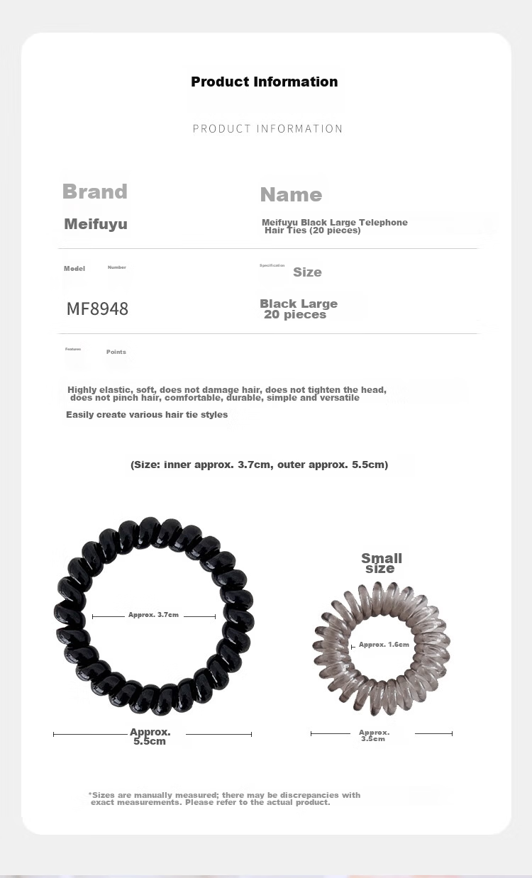 Meifuyu Thickened Telephone Wire Hair Ties Hair Bands Large Size 20 Black Elastic Hair Bands Hair Ropes Hair Ties MF8948 2