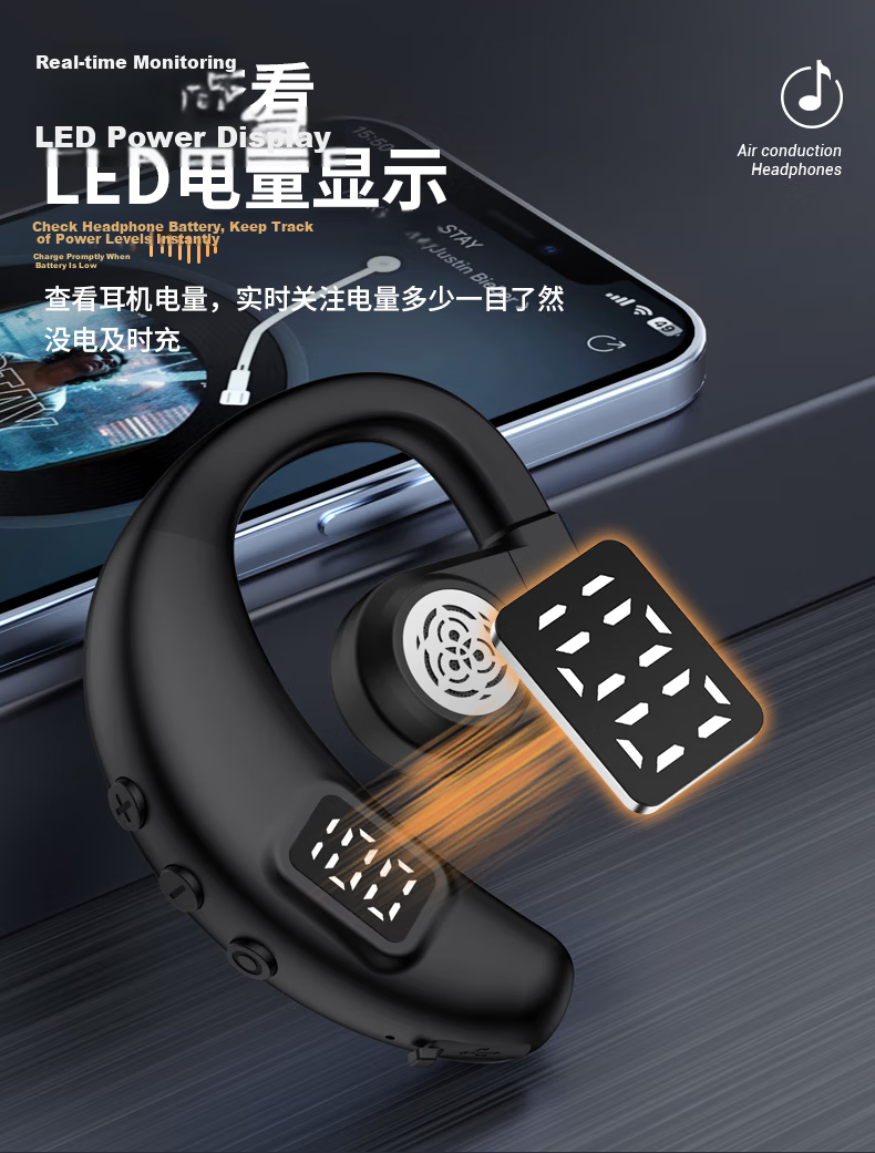 OKSJ New Upgrade Bluetooth Ear Hook Wireless Bone Conduction Single Ear Clip Non-In-Ear Sports Running Headset for Android and Apple Phones 7