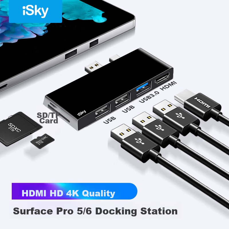 Isky Microsoft Surface Pro 5/6 Docking Station USB Adapter HDMI Hub Video HD Laptop Splitter