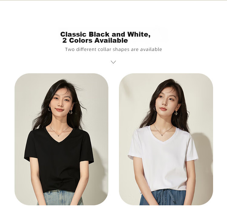 Woodpecker Women's Pure Cotton Short Sleeve T-Shirt Summer V-Neck Loose Fit Slim Solid Color Basic Top Black 4XL 3