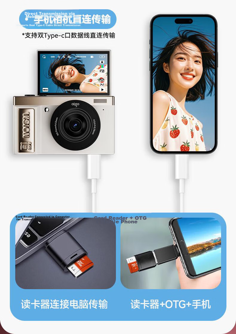 Aigo D9/E9S Flip Screen Selfie Student Digital Camera Birthday Gift for Girls Entry-Level Mirrorless Camera Campus HD Travel Alternative CCD Pink 32GB with Wide-Angle Lens 32