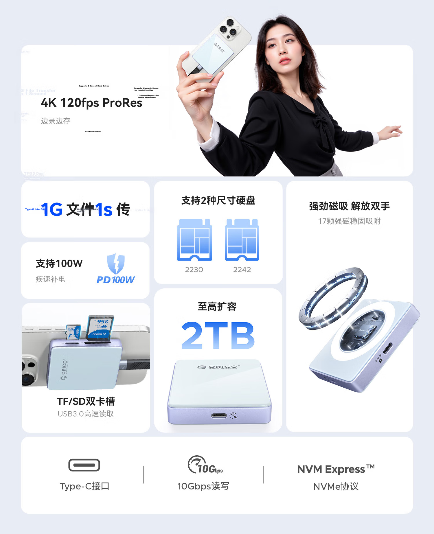 ORICO Magnetic M.2 NVMe SSD Enclosure 2230/2242 Portable External Hard Drive Case for iPhone 17 Mobile Phone Laptop Expansion AP42P Starry Blue 4