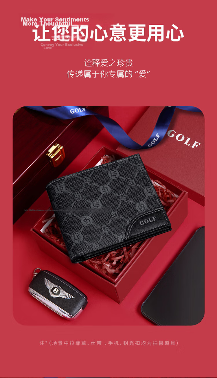 GOLF GOLF Men's Wallet Multi-card Short Wallet Men's Casual Card Holder Retro Printed Large Capacity Leather Clip Horizontal Ticket Clip Business Small Wallet 5V786386J Black 3