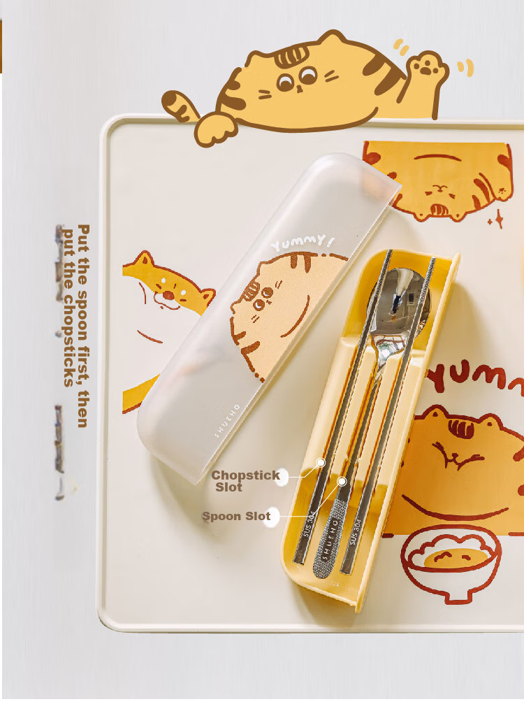 Shuke Orange Cat Tableware Box for Elementary School Students, Portable Stainless Steel Chopsticks And Spoon Set for Children, Suitable for Individual Use 8