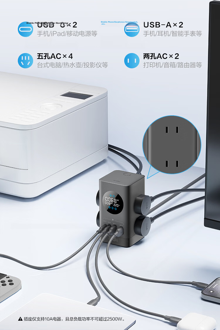 BULL New National Standard Smart Digital Display Screen Gallium Nitride 100W PD Apple Fast Charging Vertical Socket/USB Surge Protection Overload Prevention Desktop Socket 2C2A+3 Sockets 4