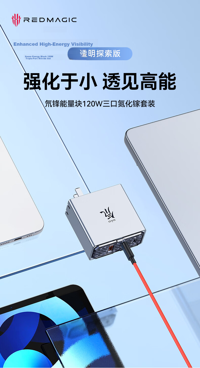 Nubia RedMagic Daofeng 120W/100W PPS Triple-Port GaN Charger PD45W Adapter for 11Pro+/10SPro+/Gaming Tablet 3Pro Apple 17ProMax Laptop with Cable 2