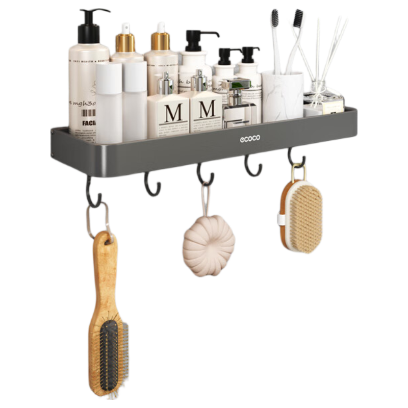 Ecoco Bathroom Storage Rack, Wall-Mounted Organizer without Drilling, Water-Draining Space Aluminum Shelf, Gunmetal Gray, 40cm