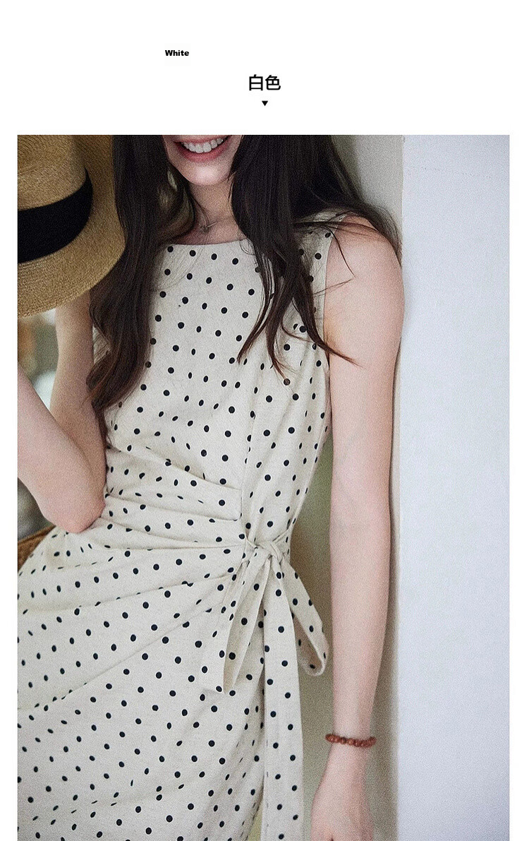 Demana [South of France Holiday] Summer French Elegant Polka Dot Round Neck Sleeveless Side Slit Waist Cinched Dress for Women Premium Quality 9