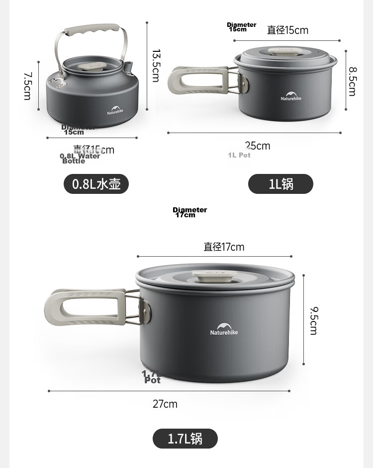Naturehike Outdoor Cookware Set Camping Portable Aluminum Kettle CNK2450CF010 18