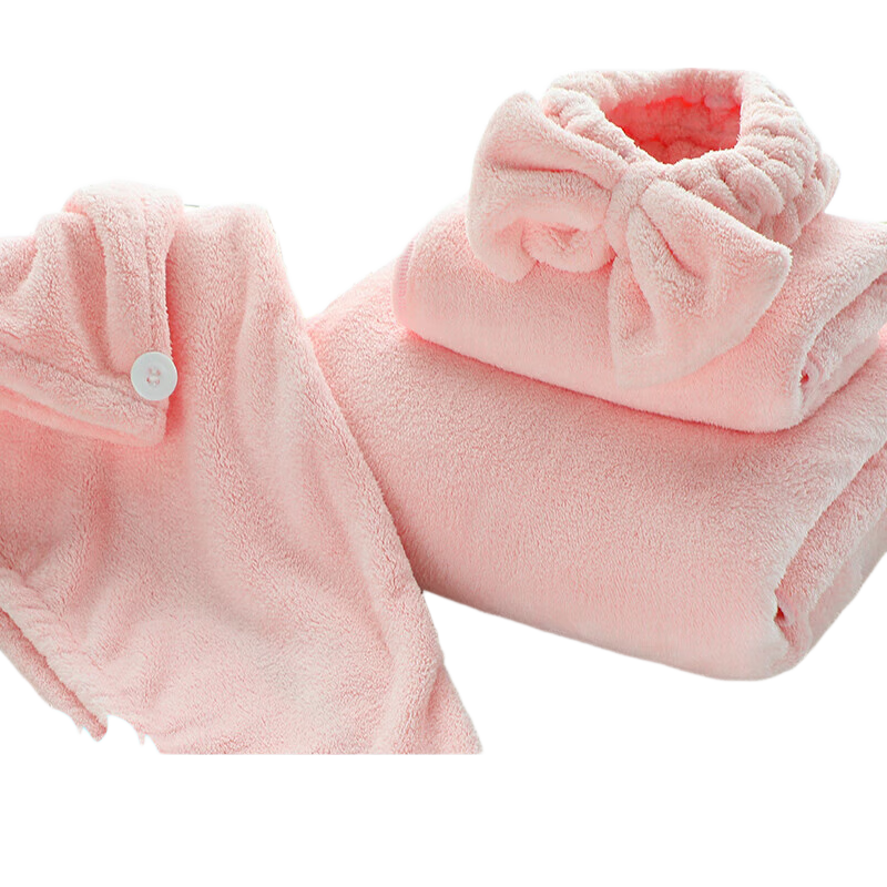 Grace Cute Adult Home Use Absorbent Quick-Dry Bath Towel Set with Hair Drying Cap and Headband, Lotus Pink Four-Piece Set