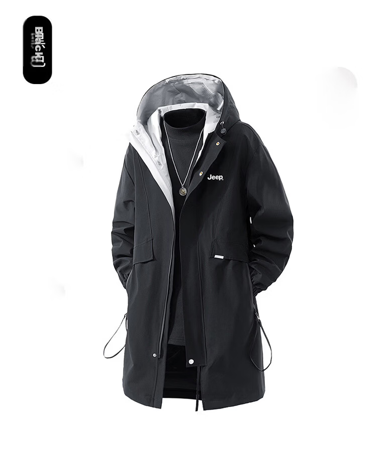 JEEP Men's Jacket Spring Autumn Windbreaker Hooded Casual Versatile Mid-Length Black 2XL 10
