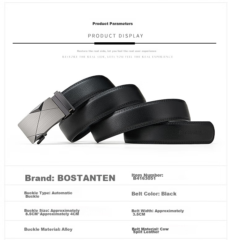 BOSTANTEN Men's Leather Belt with Automatic Buckle, Cowhide Waistband, Trendy Formal Pants Belt, Black, Birthday Gift 3