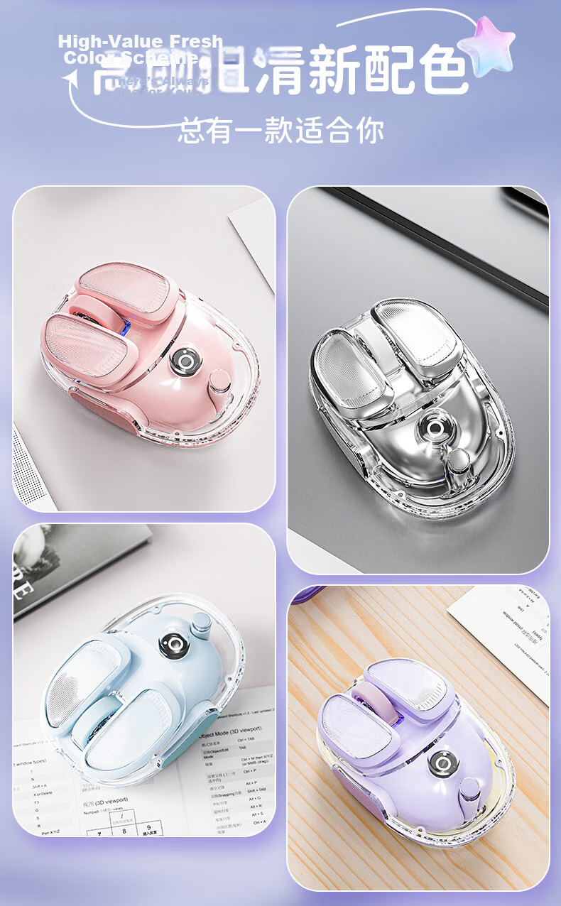 EWEADN Q9 Xiao Doudou Wireless Bluetooth Dual-Mode Transparent Mouse, Rechargeable Gaming Mouse for PC And Laptop, Low-Profile Lightweight RGB Lighting Effects, Rouge Pink 3