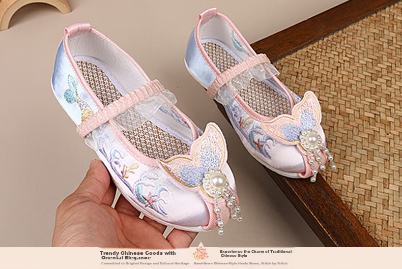 Romon Children's Embroidered Shoes Chinese Style Spring Autumn Tang Suit Performance Cloth Shoes Summer Hanfu Girls Shoes Pink Size 34 18