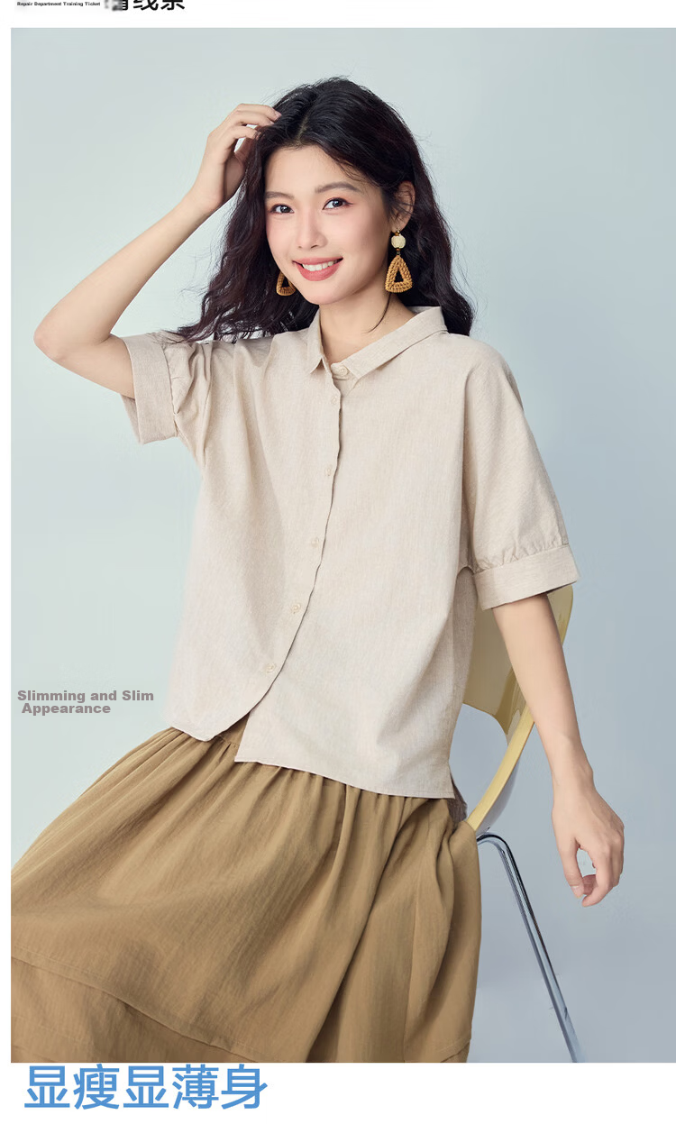 Giordano 2026 Summer New Cotton Linen Small Turn-down Collar Asymmetric Hem Linen Shirt for Women Short Sleeve 13346237 8