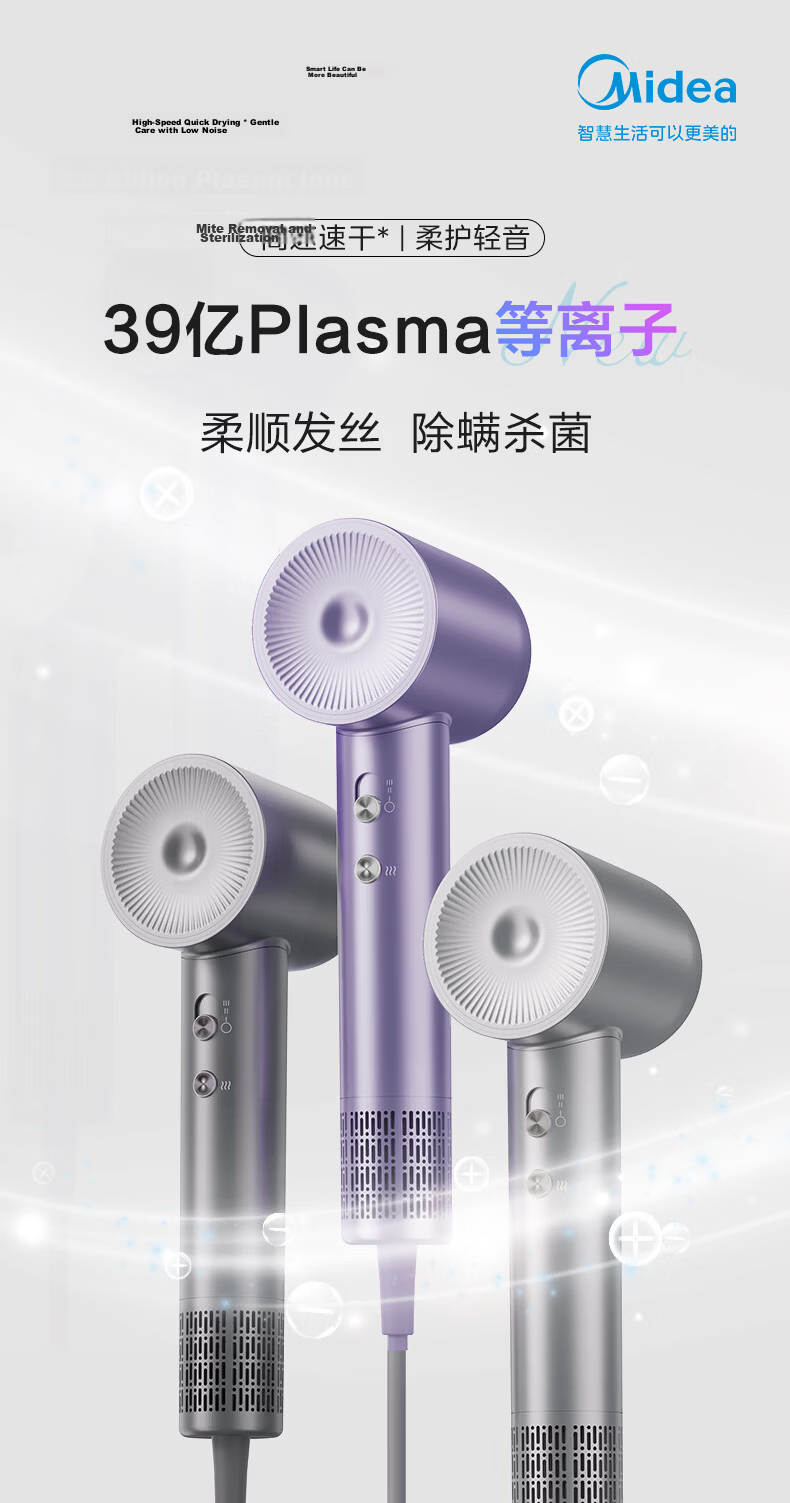 Midea High-Speed Hair Dryer 3.9 Billion Plasma Hair Care Electric Hair Dryer High Power Quick Dry Home Use Negative Ion Hair Dryer FG208 Silver Holiday Gift 2