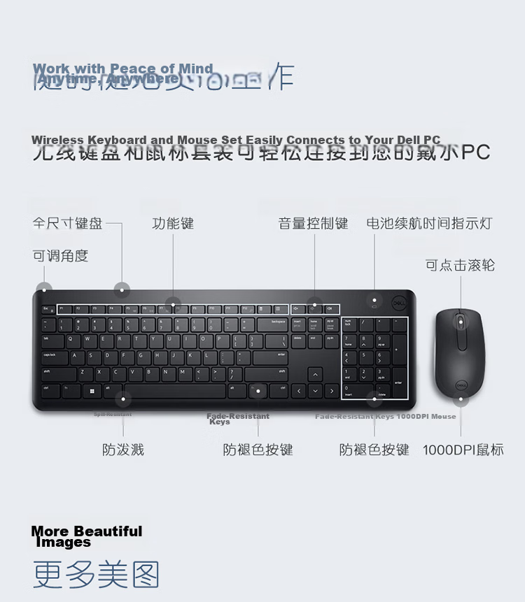 DELL KM3322W Wireless Keyboard and Mouse Combo Office Home Wireless Multimedia Keyboard and Mouse Set Black with 2.4G Receiver 7